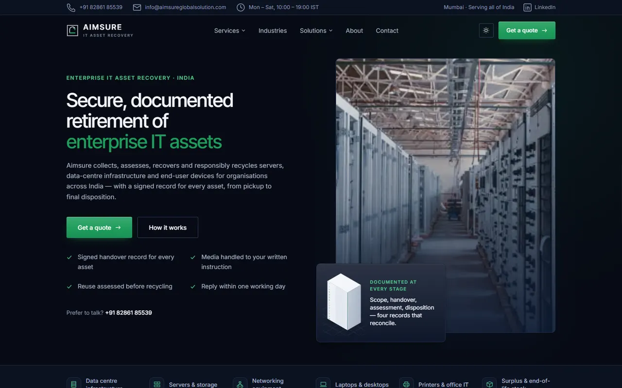Aimsure website home page in the dark theme