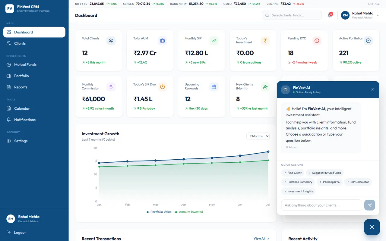 FinVest CRM in-app assistant panel with quick actions
