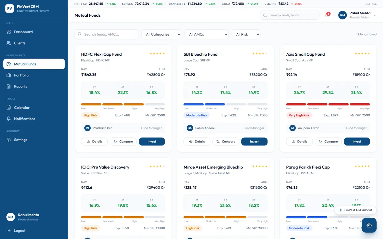 FinVest CRM mutual funds screen with fund cards showing returns and risk level