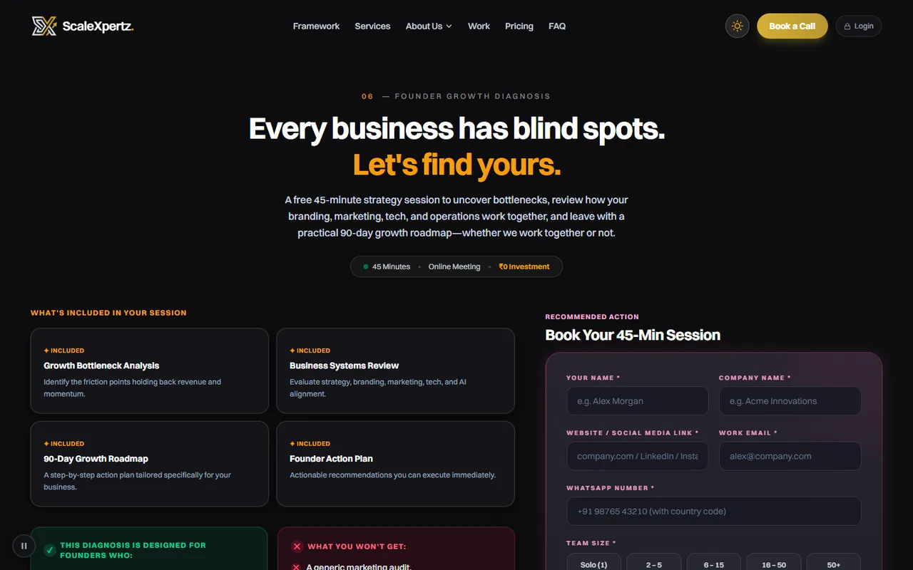 ScaleXpertz founder call booking page with what is included and a booking form
