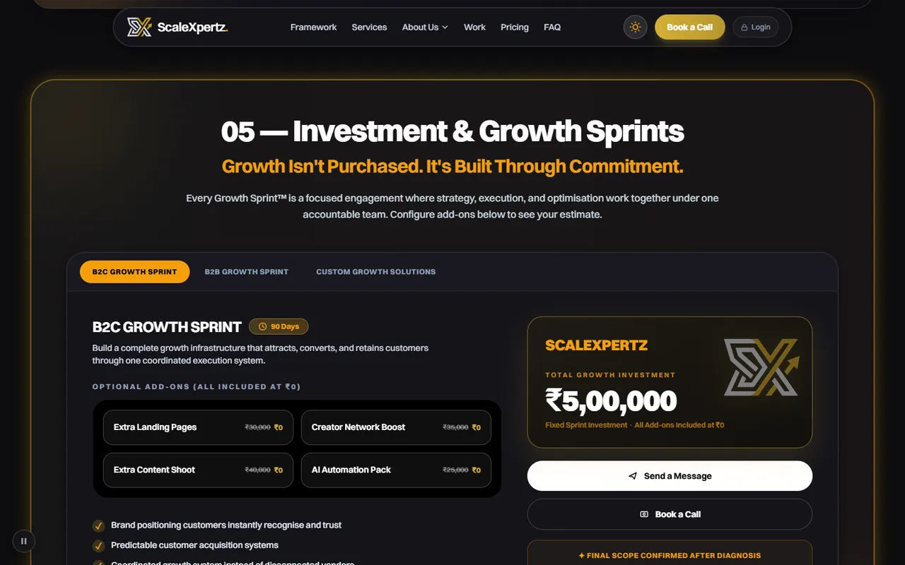 ScaleXpertz pricing section with three plan tabs, add-ons and a total